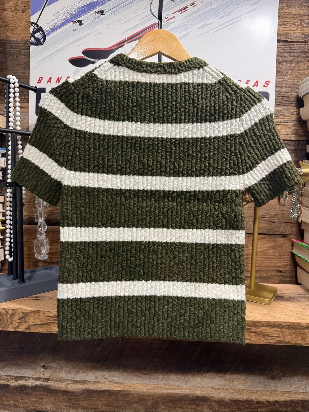 J. Crew Olive & Cream Striped Ribbed Crewneck Sweater